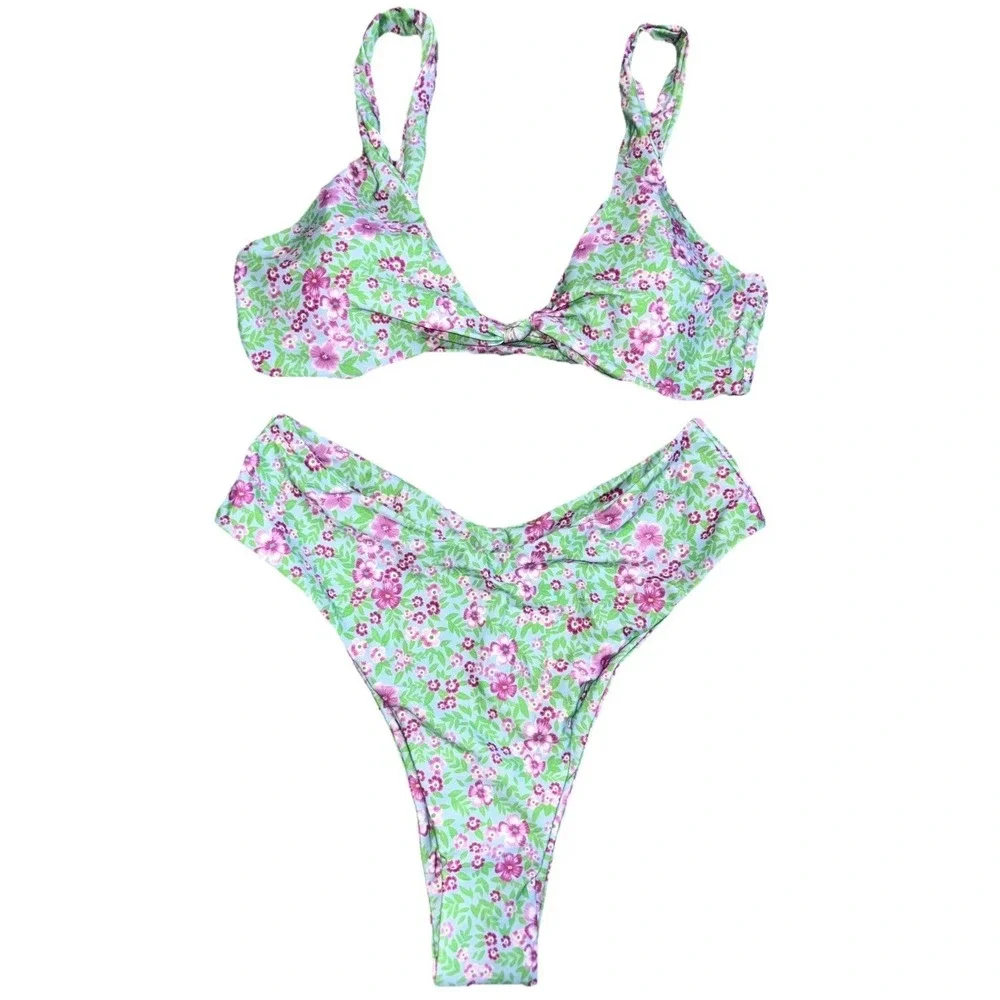 Womens‎ Ruched Swimsuits Bikini Set High-Cut Bottom Small Green Floral Stretch